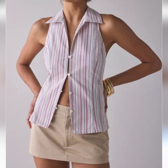 Urban Outfitters NWT Party Girl Button Down Cotton Blend Stripe Sleeveless Top S - Picture 13 of 15